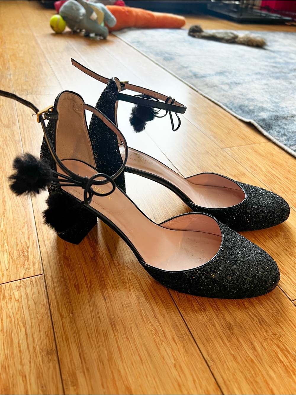 kate spade Abigail Black Glitter Ankle-Strap Block Heels with Pom Pom